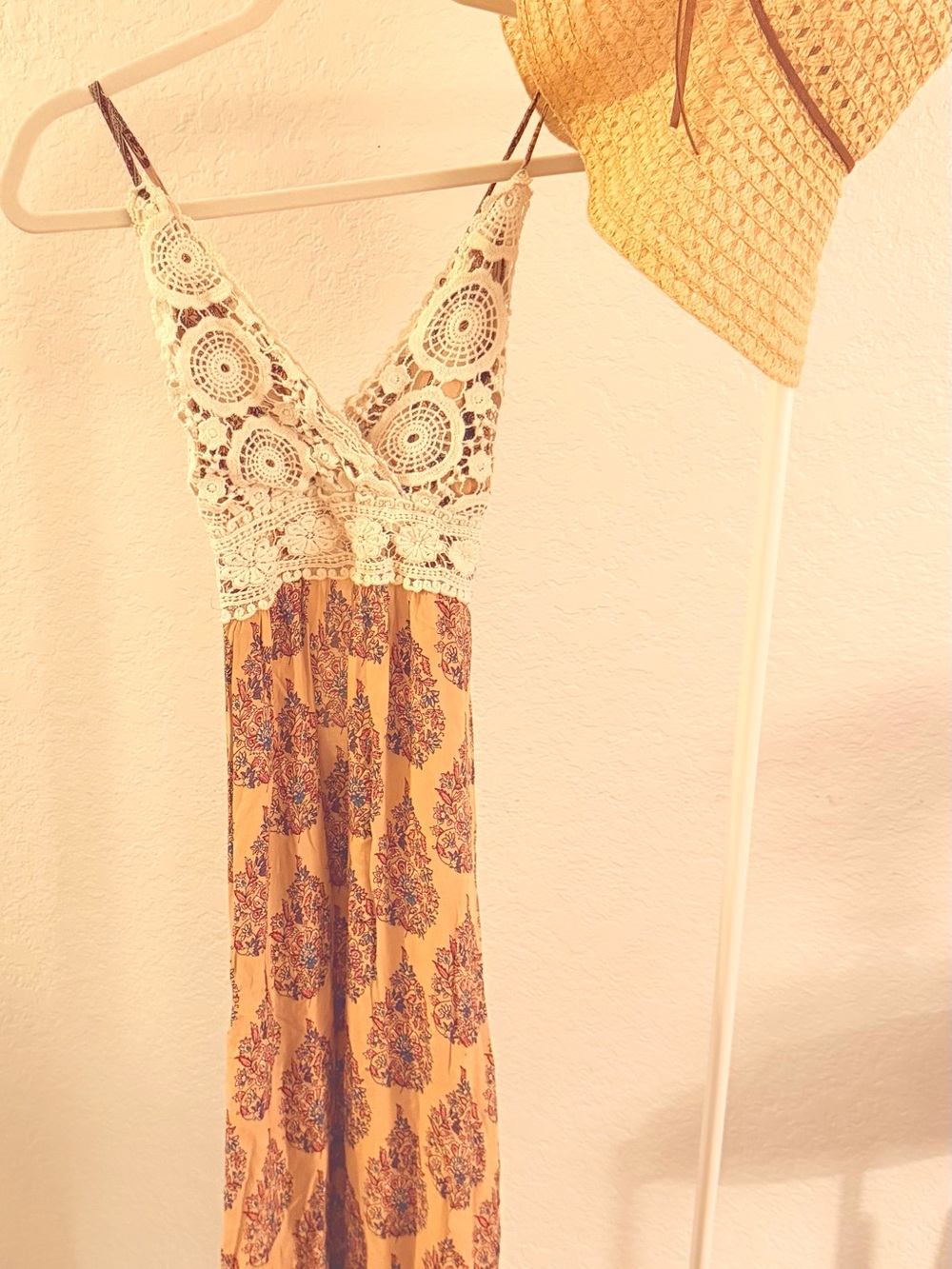 Boho Crochet Top Maxi Dress in Camel Brown &  Floral
